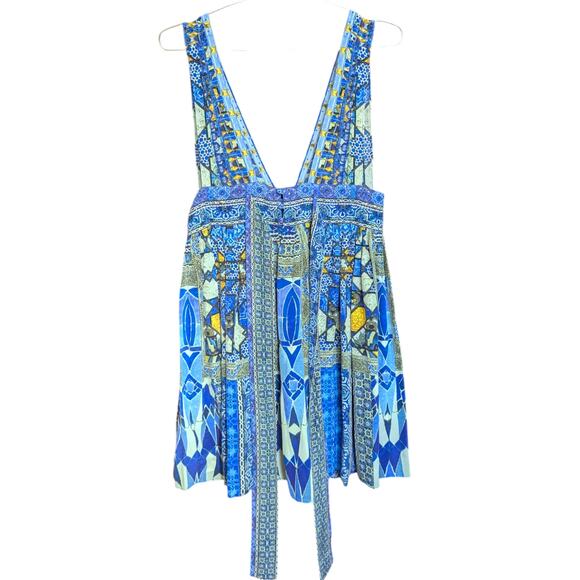 Camilla 100% Silk Mosaic Print Mini Dress Blue Yellow Boho V-Neck – Size 10 - Picture 4 of 6